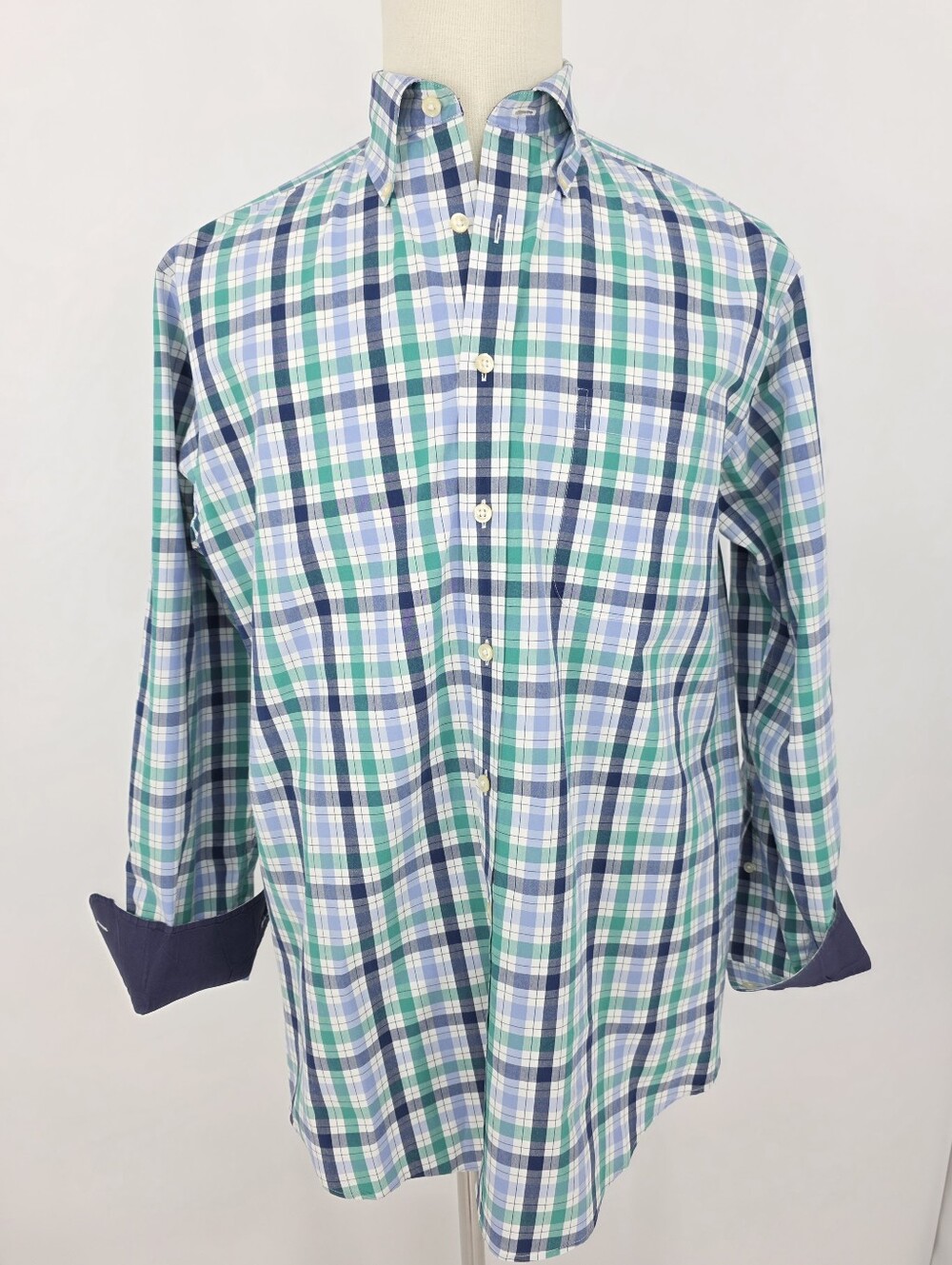 Charles Tyrwhitt Poplin Weave Classic Fit Shirt Men's Medium Blue Green Plaid